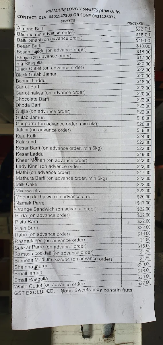 Menu, Premium Lovely Sweets Kings Park