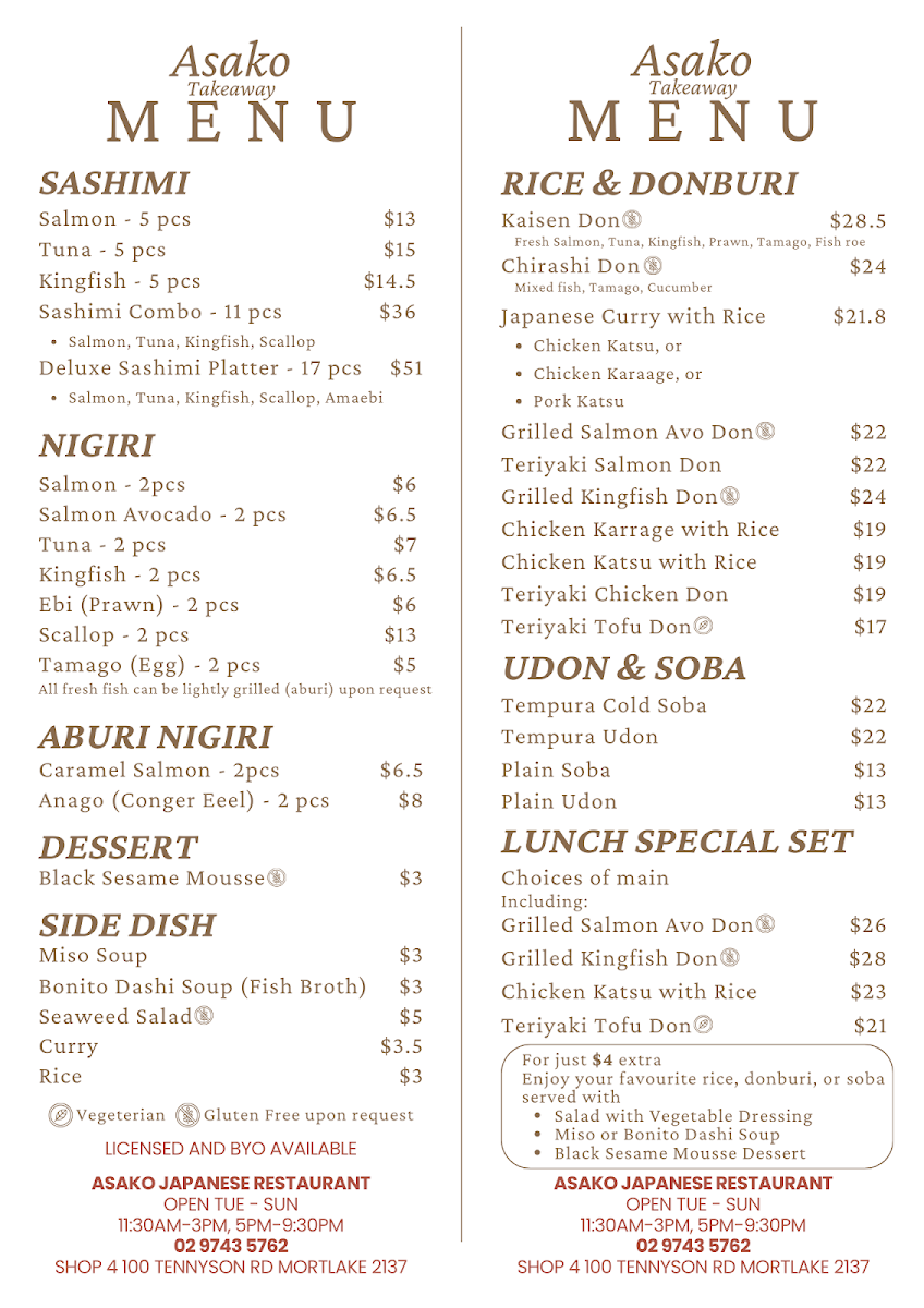 Menu, Asako