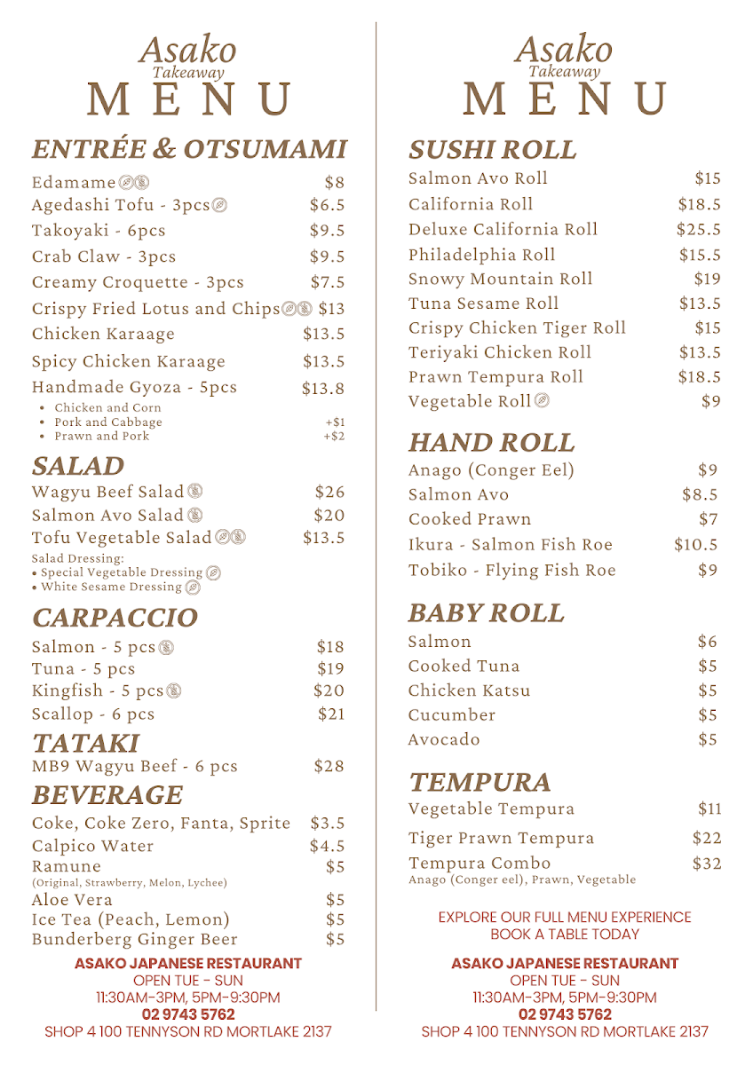 Menu, Asako