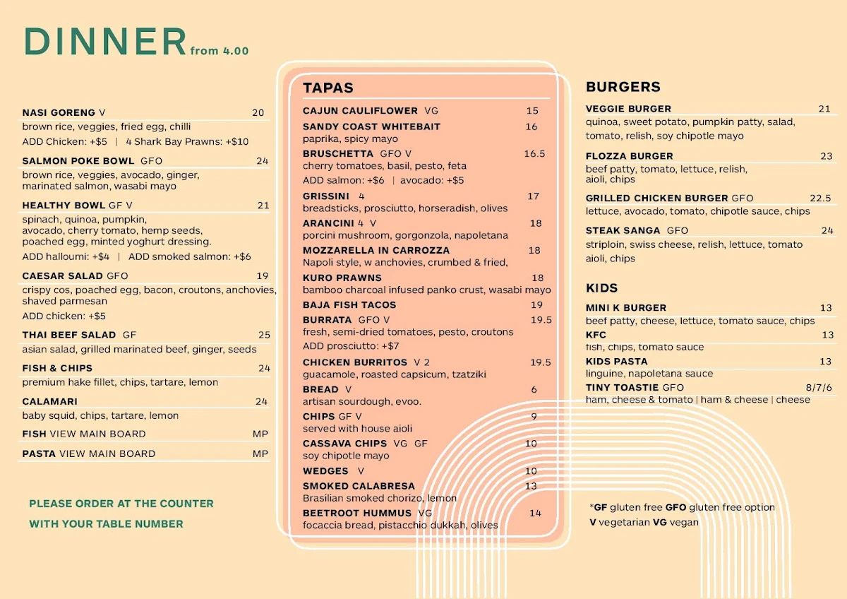 Menu, The Kiosk Floreat Beach