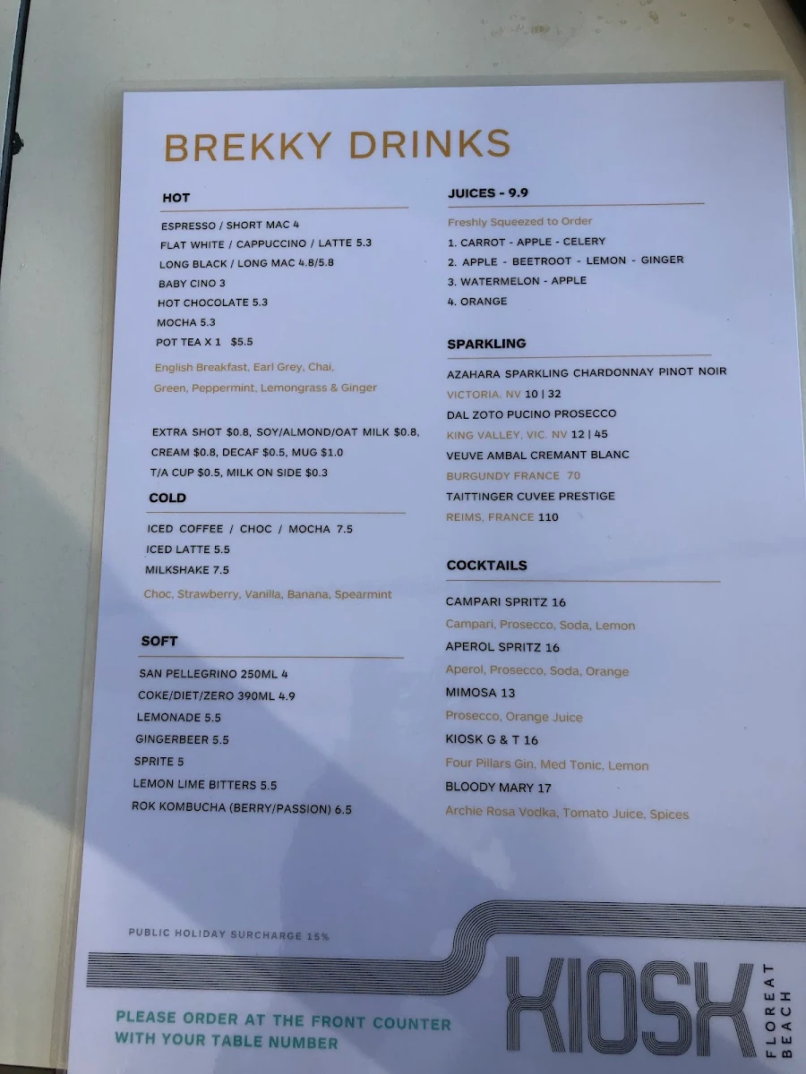 Menu, The Kiosk Floreat Beach