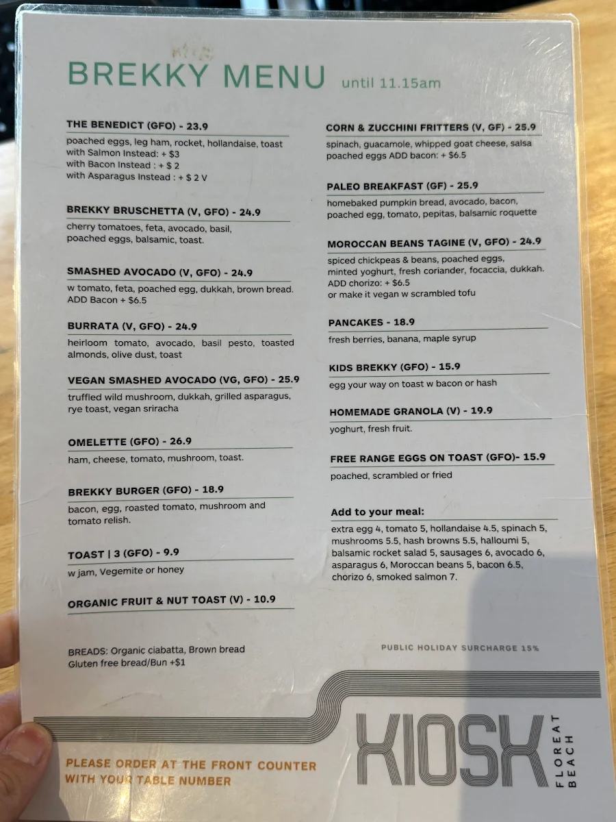 Menu, The Kiosk Floreat Beach