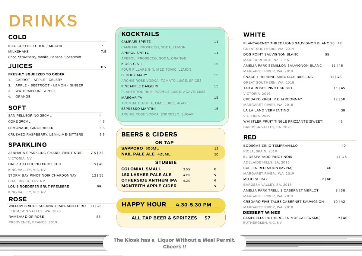 Menu, The Kiosk Floreat Beach