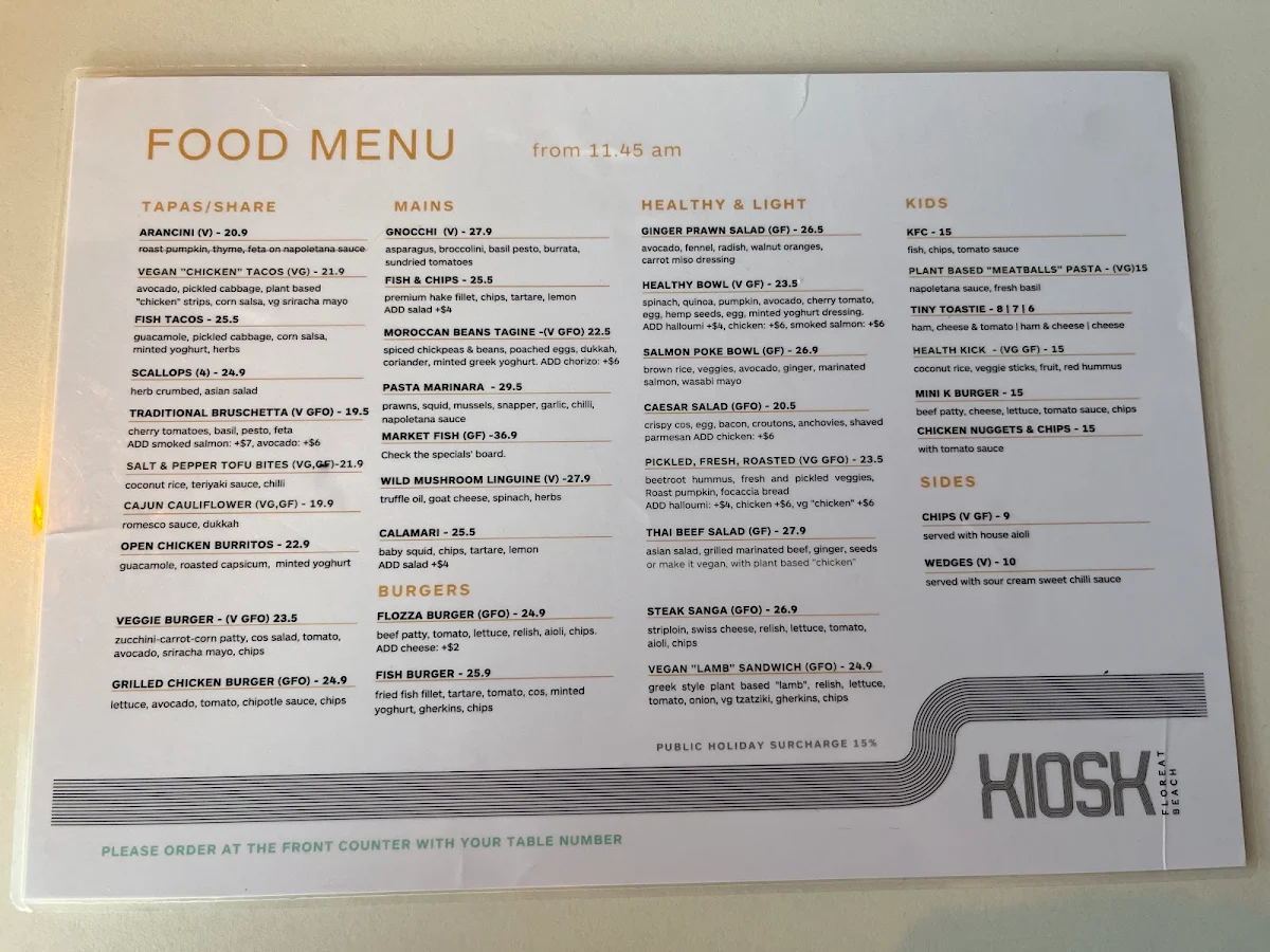 Menu, The Kiosk Floreat Beach