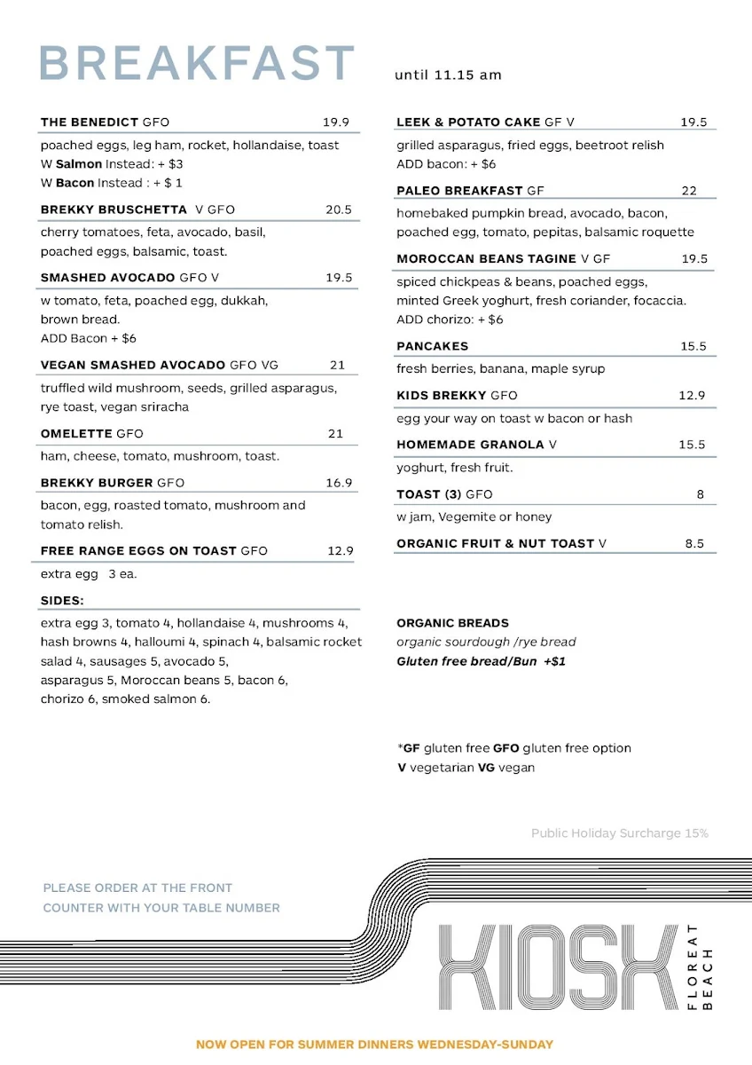 Menu, The Kiosk Floreat Beach