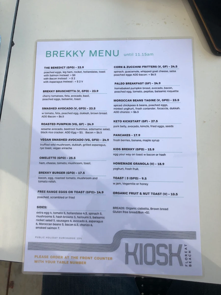 Menu, The Kiosk Floreat Beach