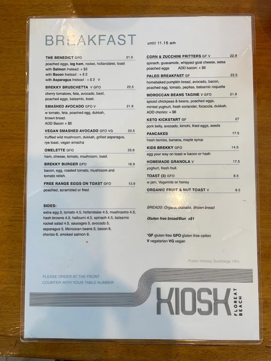 Menu, The Kiosk Floreat Beach