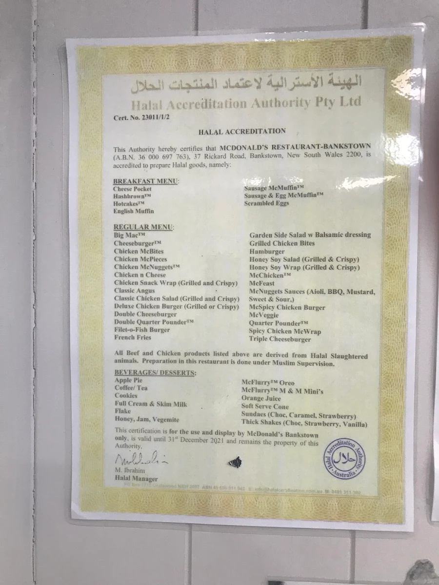 Menu, McDonald's Bankstown