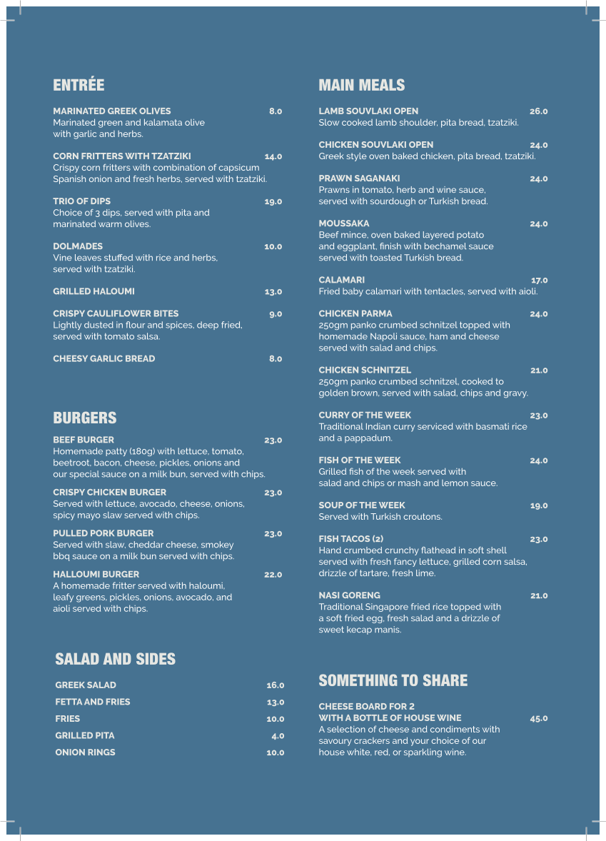 Menu, Ripples Cafe & Bar
