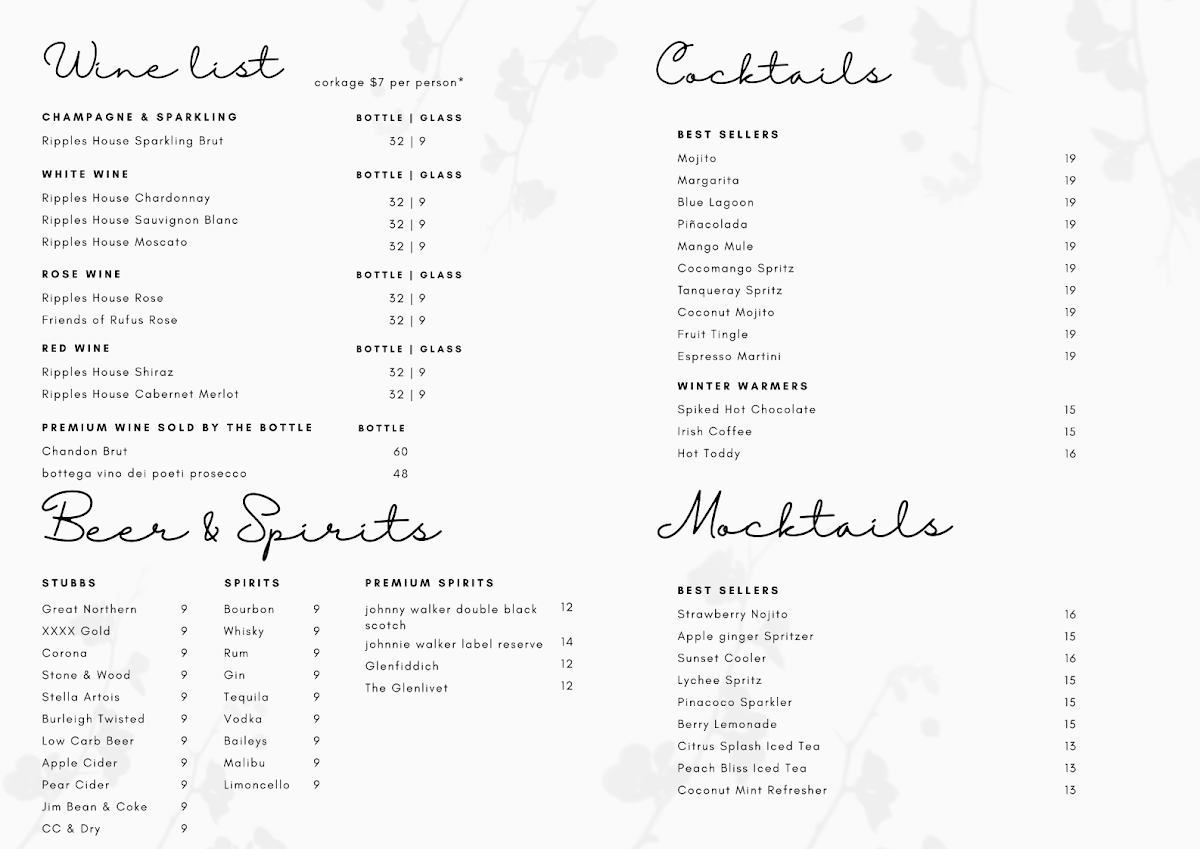 Menu, Ripples Cafe & Bar