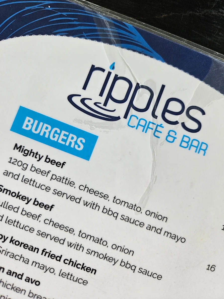 Menu, Ripples Cafe & Bar