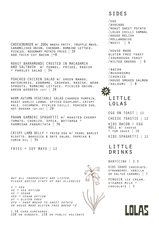 Menu, LOLAS Darby St