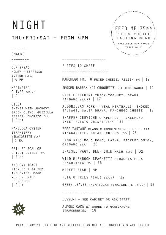 Menu, LOLAS Darby St