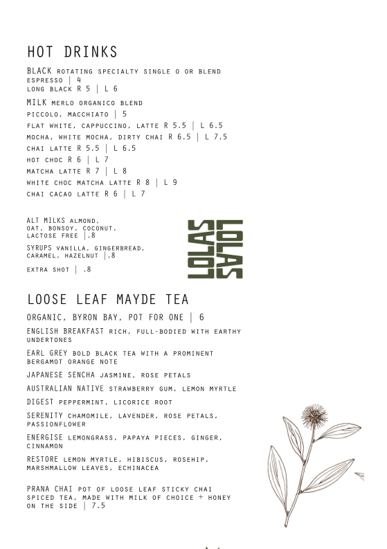 Menu, LOLAS Darby St