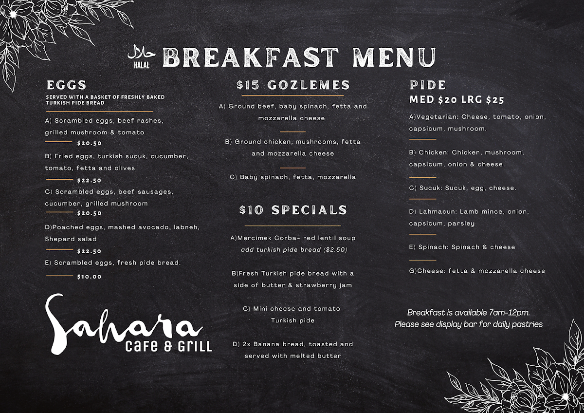Menu, Sahara Cafe & Grill Casula