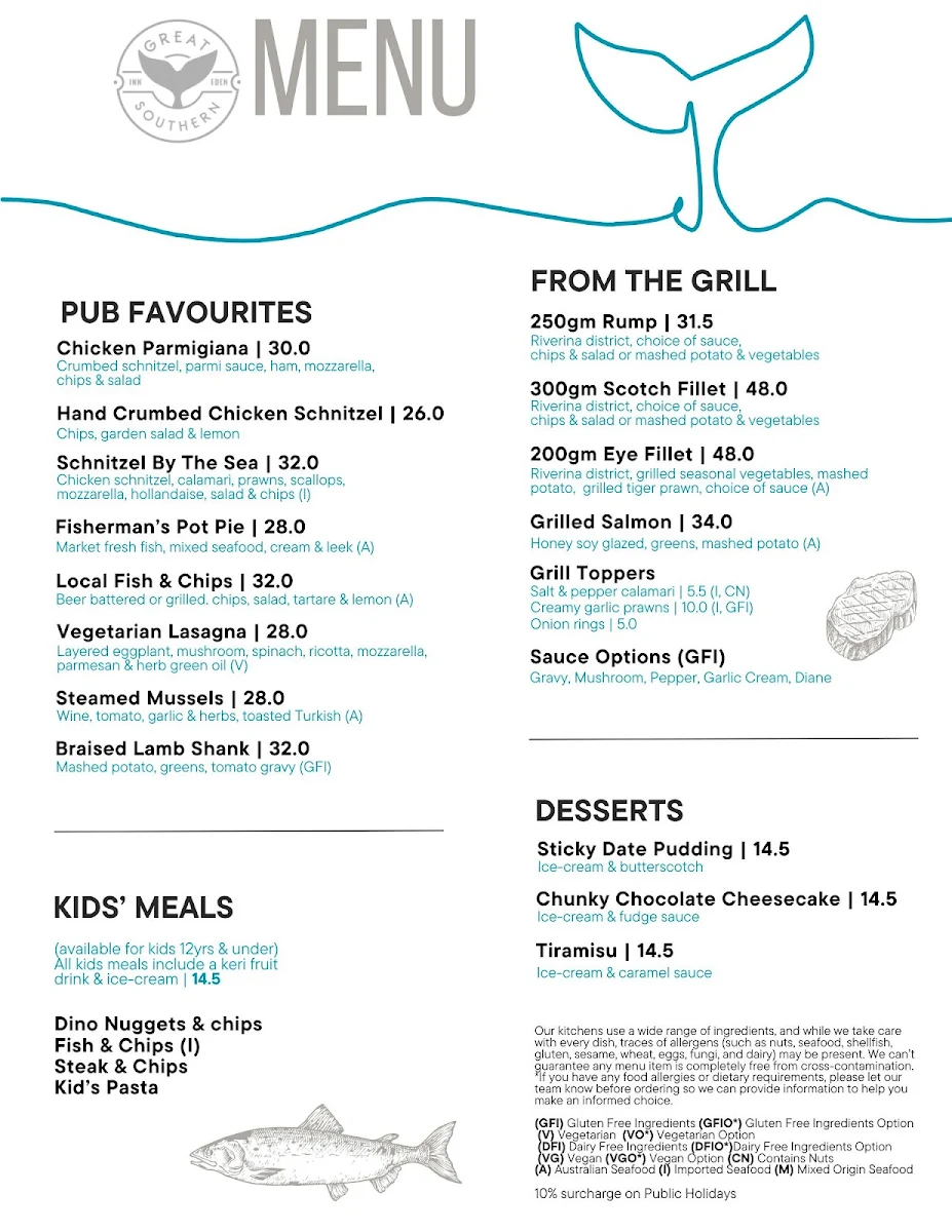 Menu, Great Southern Inn Hotel