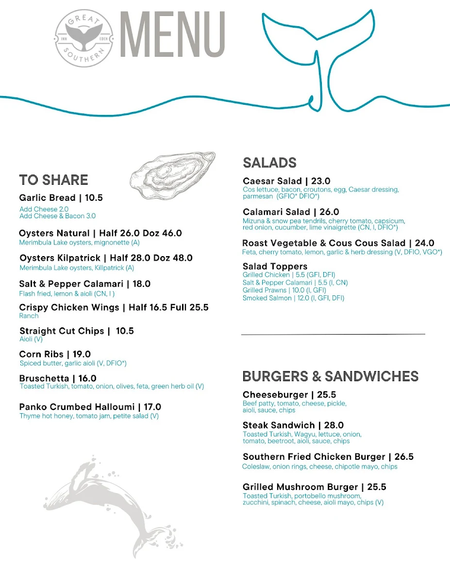 Menu, Great Southern Inn Hotel