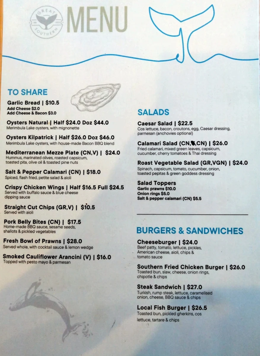Menu, Great Southern Inn Hotel