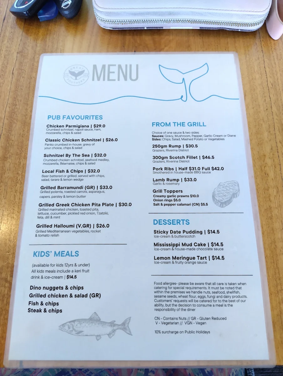Menu, Great Southern Inn Hotel