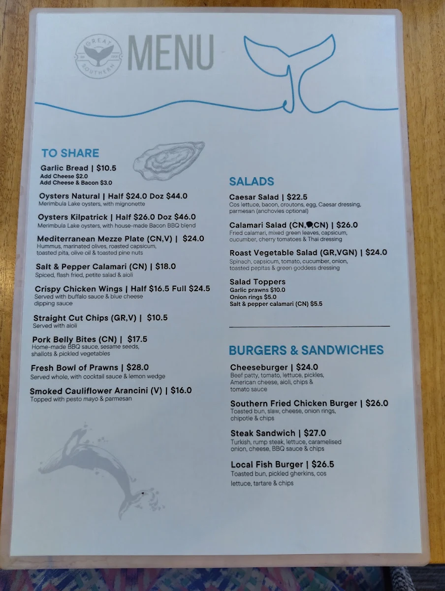 Menu, Great Southern Inn Hotel