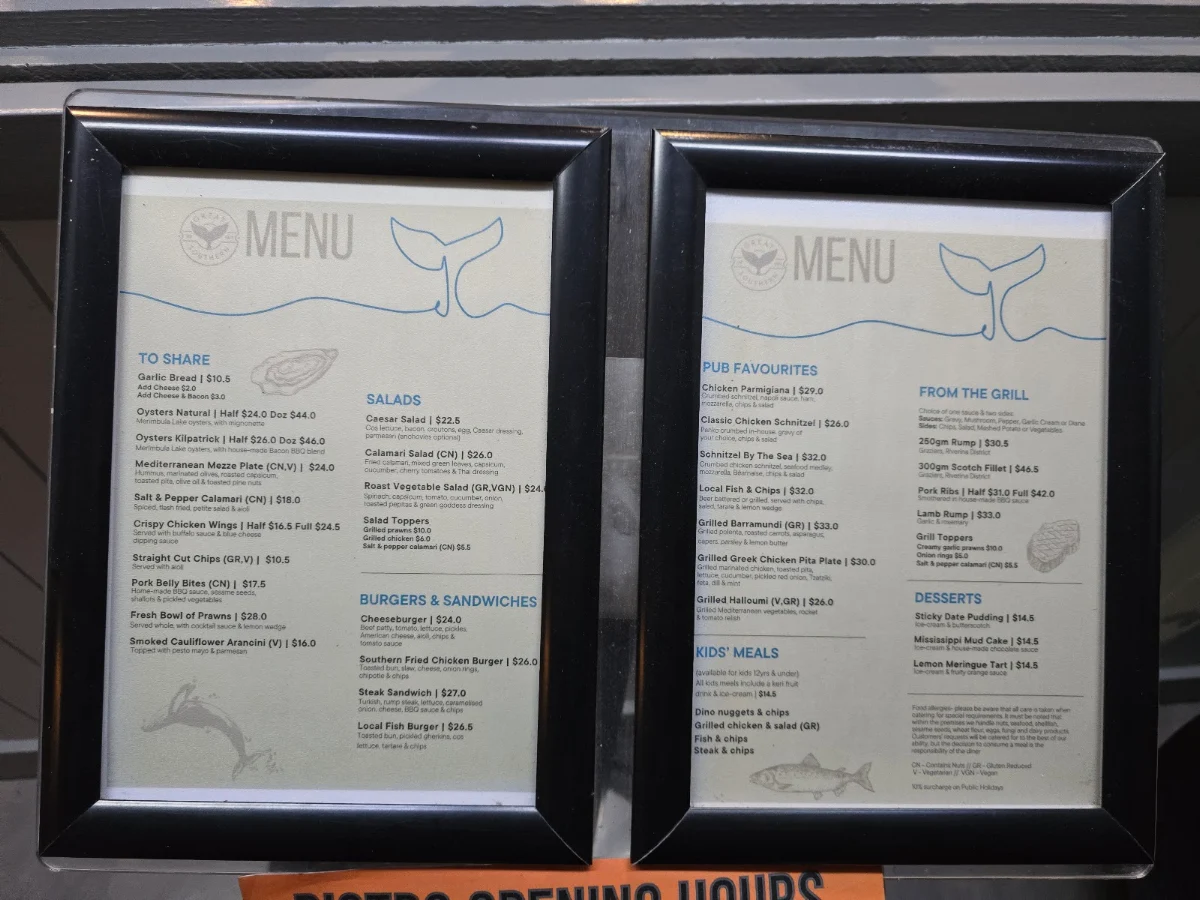 Menu, Great Southern Inn Hotel