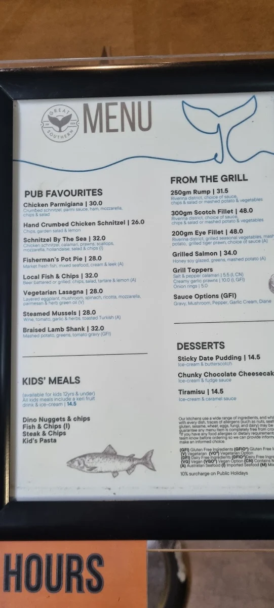 Menu, Great Southern Inn Hotel