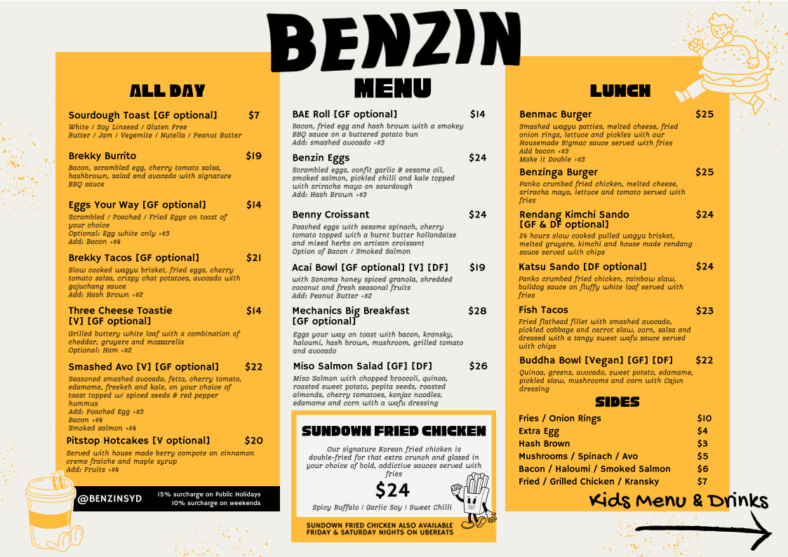Menu, Benzin Cafe