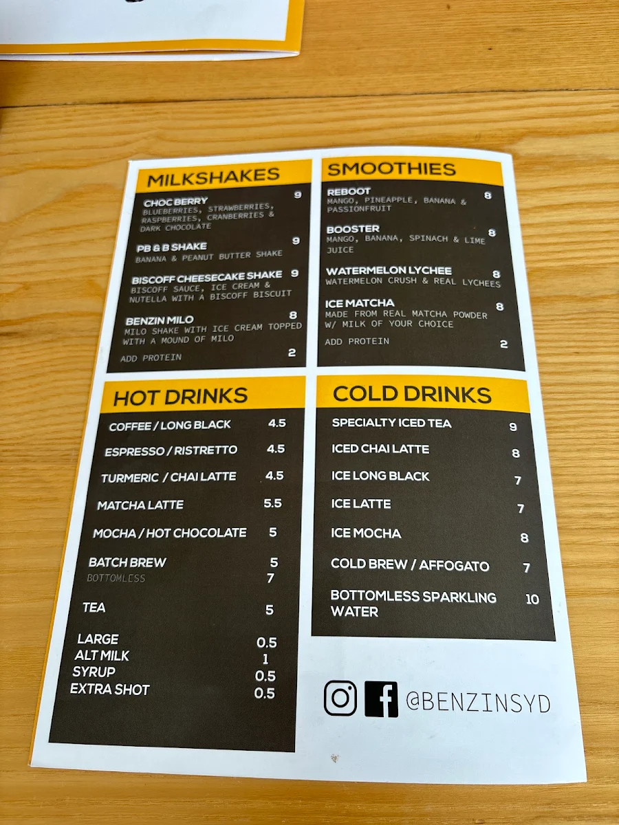 Menu, Benzin Cafe