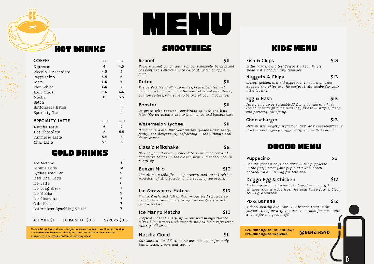 Menu, Benzin Cafe