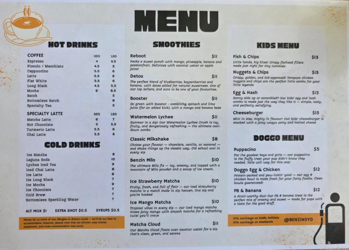 Menu, Benzin Cafe