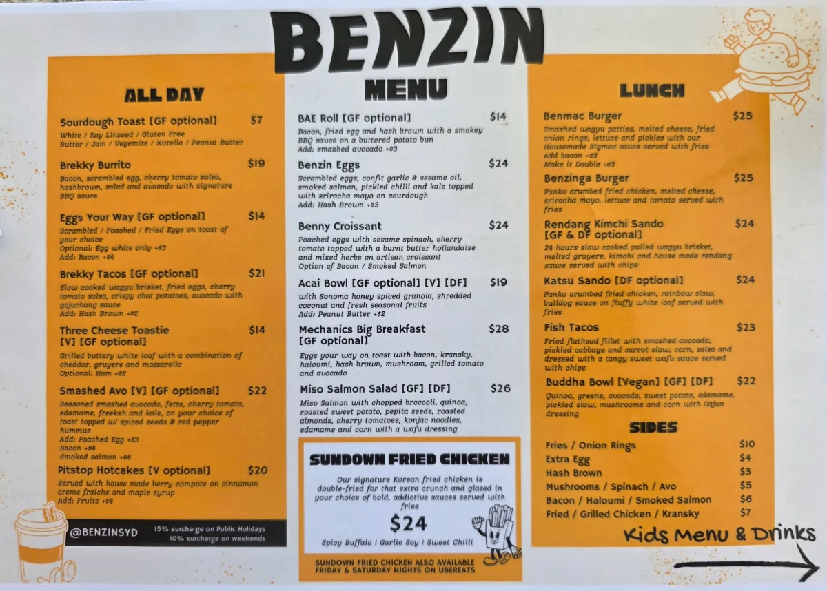 Menu, Benzin Cafe