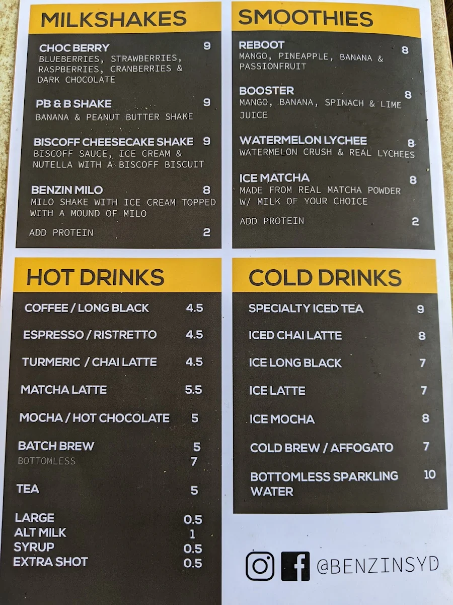 Menu, Benzin Cafe