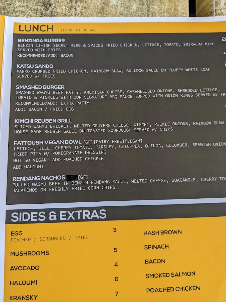Menu, Benzin Cafe
