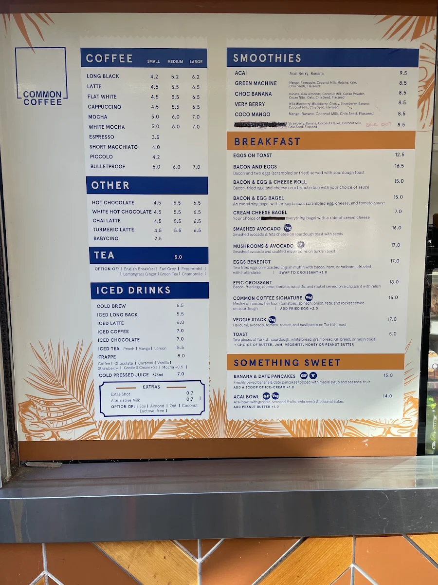 Menu, Common Coffee Surfers Paradise