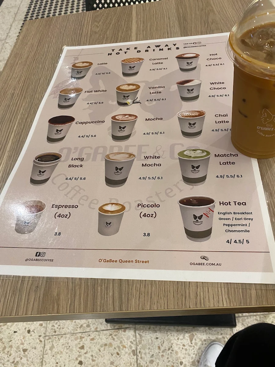 Menu, O'GABEE & Co Coffee Roastery Queen Street
