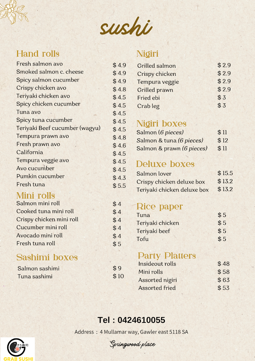 Menu, Grab Sushi Gawler