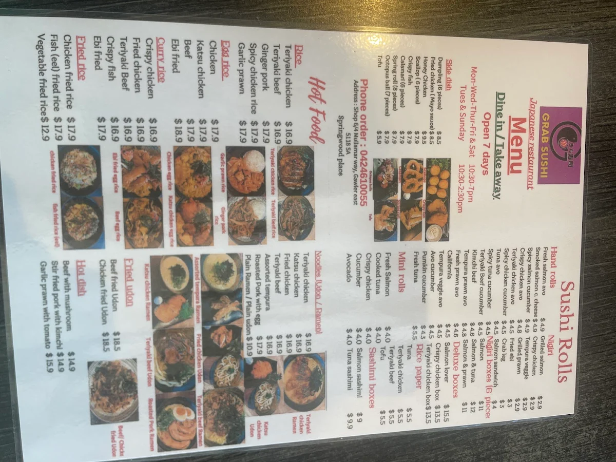 Menu, Grab Sushi Gawler