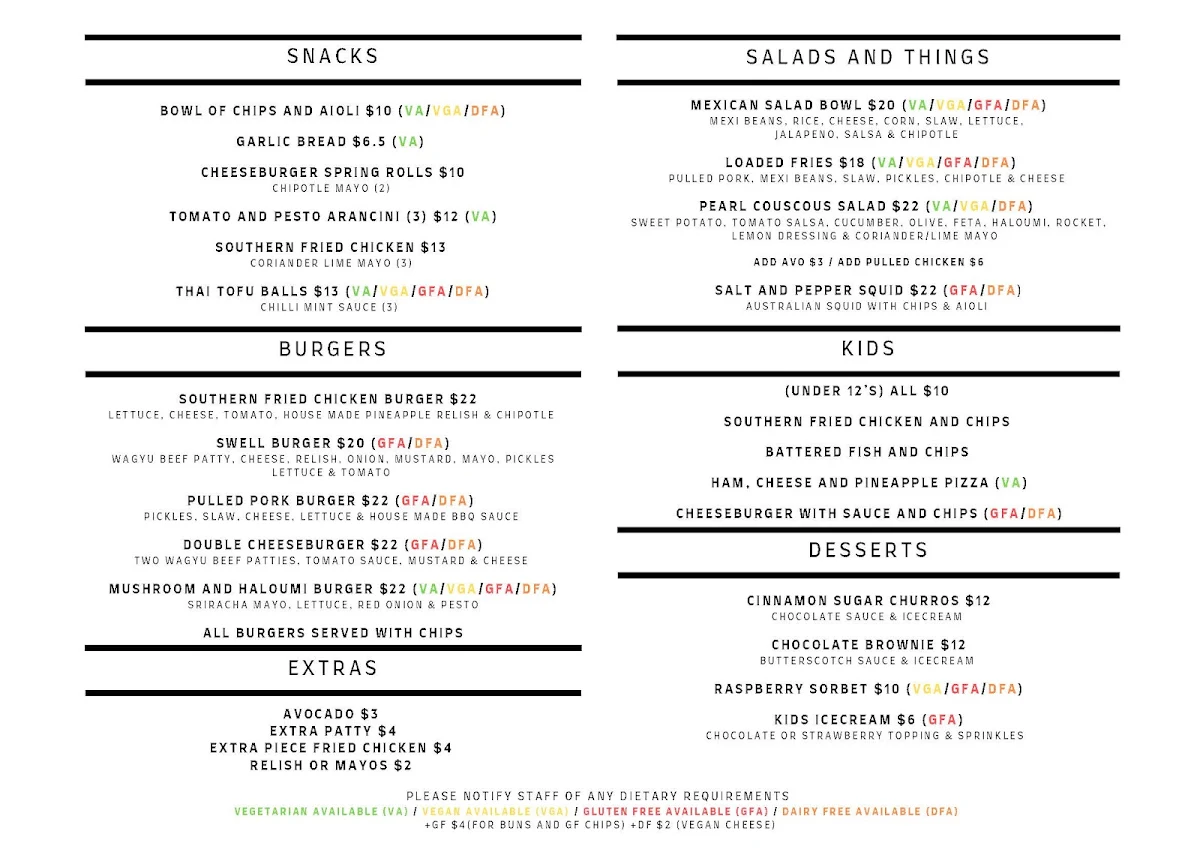 Menu, Swell Brewing Co. Taphouse & Brewery