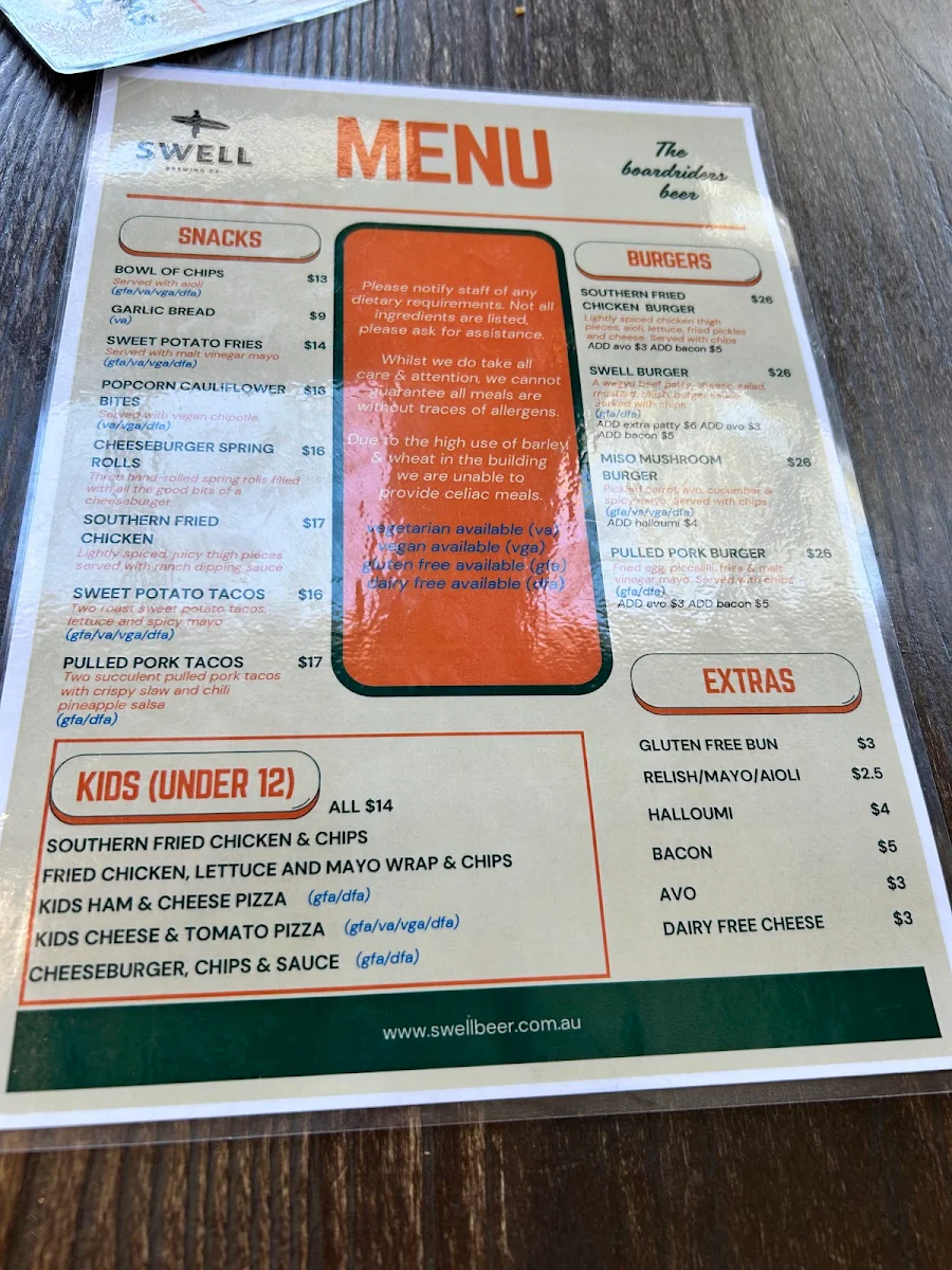 Menu, Swell Brewing Co. Taphouse & Brewery