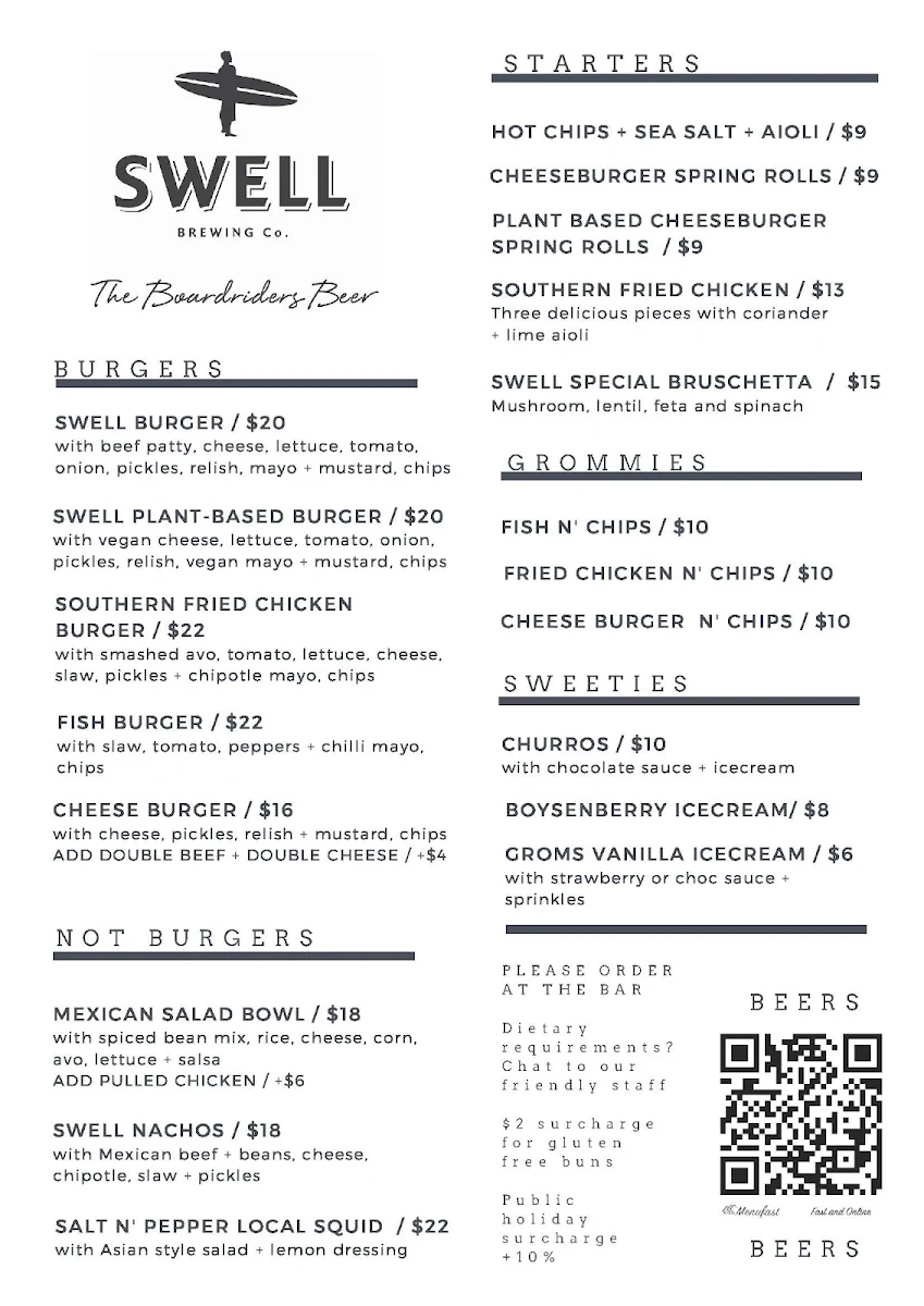 Menu, Swell Brewing Co. Taphouse & Brewery