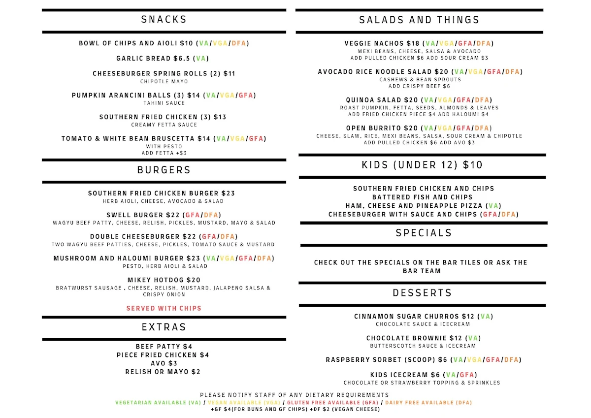Menu, Swell Brewing Co. Taphouse & Brewery