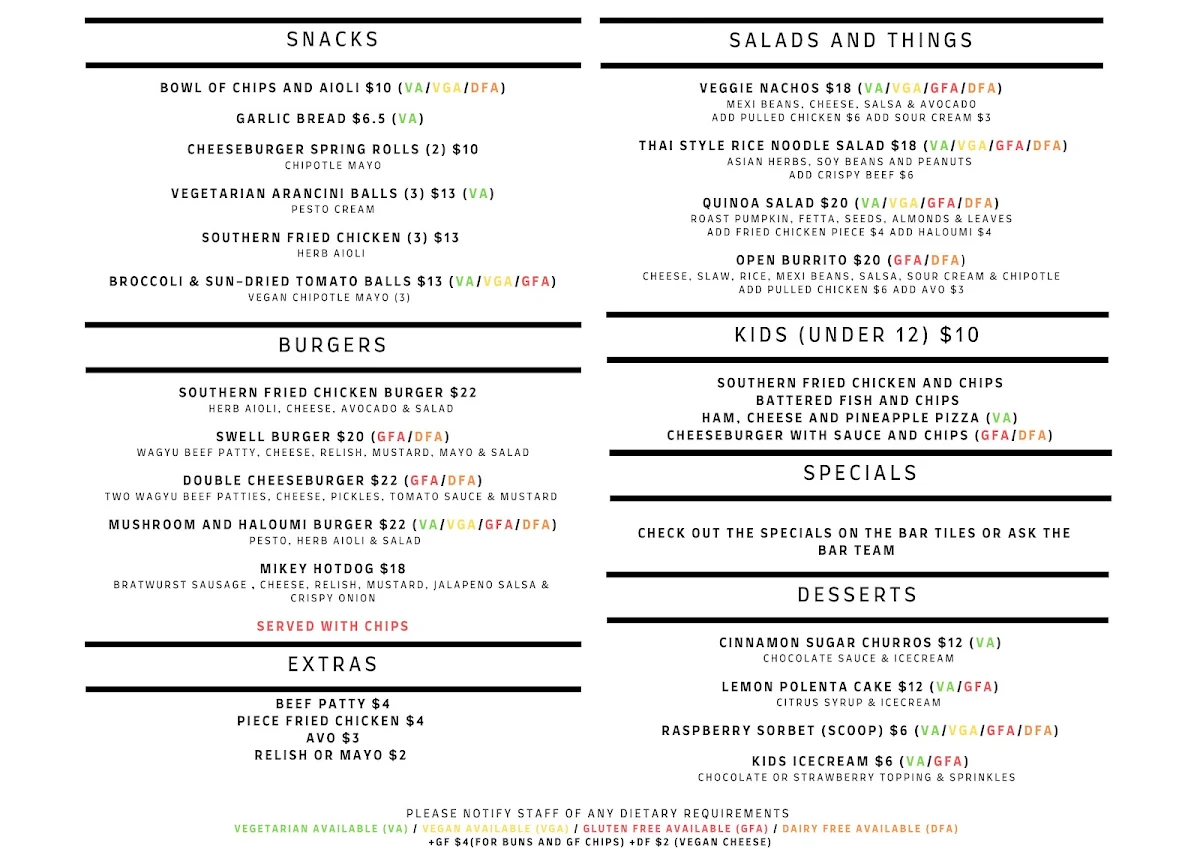 Menu, Swell Brewing Co. Taphouse & Brewery
