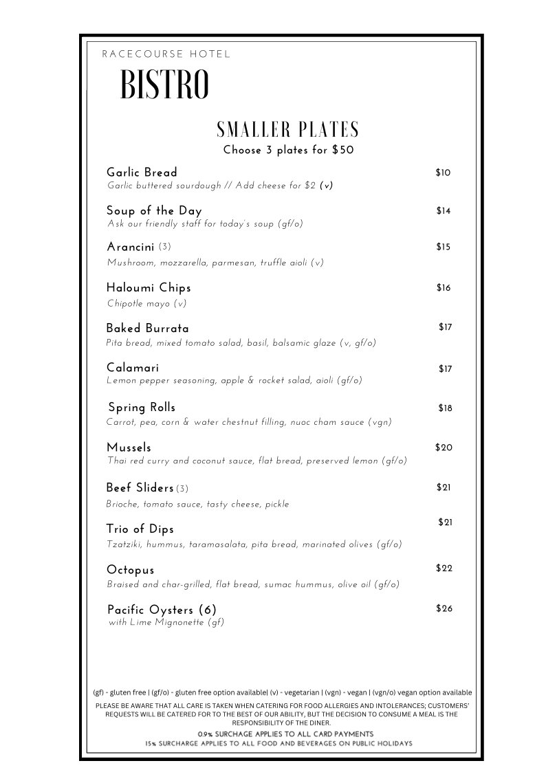 Menu, Racecourse Hotel