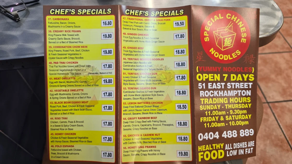 Menu, Special Chinese Noodles & Sushi