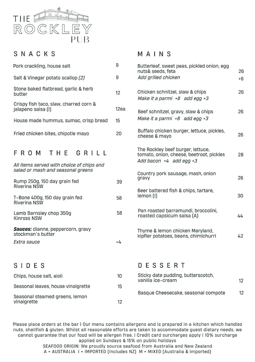 Menu, The Rockley Pub