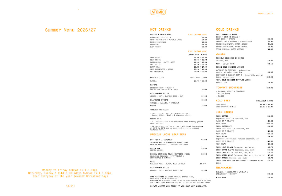 Menu, Atomic Espresso