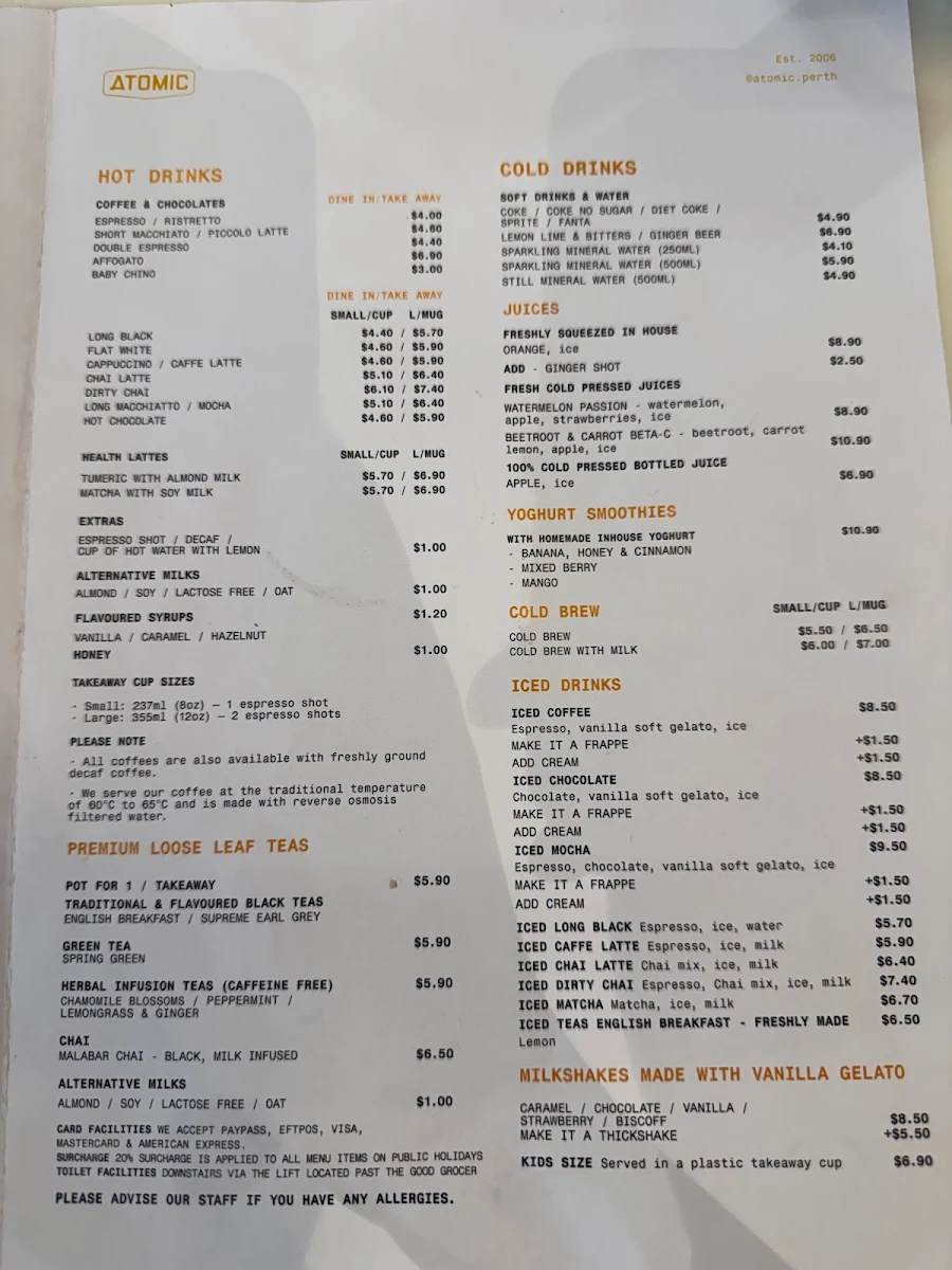 Menu, Atomic Espresso