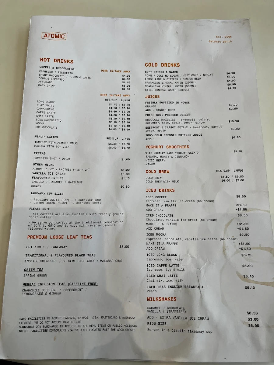 Menu, Atomic Espresso