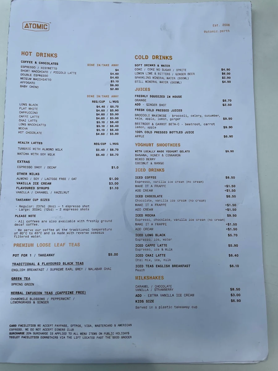 Menu, Atomic Espresso