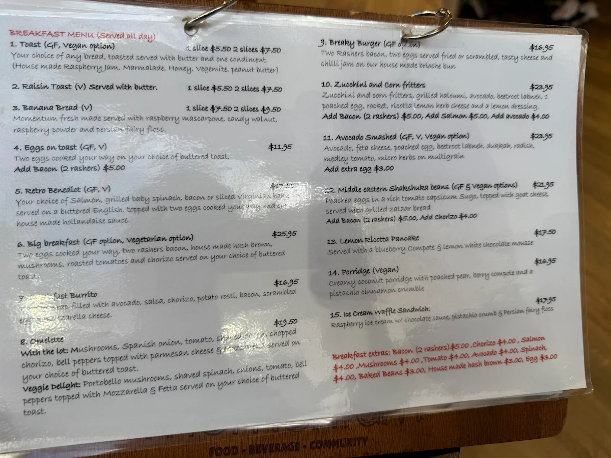 Menu, Momentum Cafe